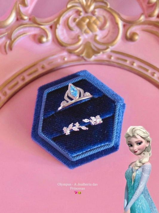 Kit Anel Coroa da Elsa + Anel Coroa de Folhas - Rainha do Gelo